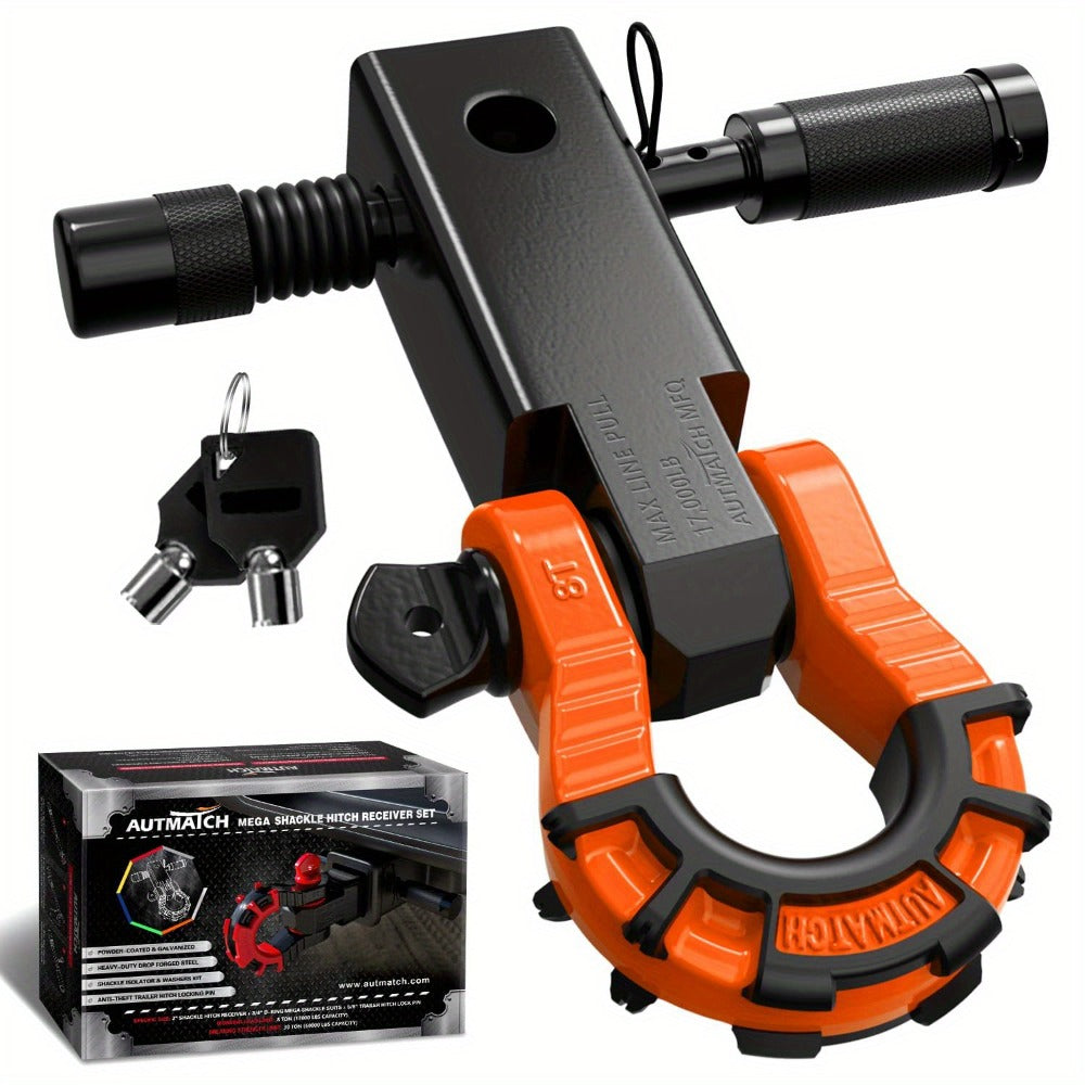 Shackle Hitch Receiver 2-Inch 68,000 lb Break Strength with 3/4" D-Ring & 5/8" Hitch Lock Pin – Heavy Duty Drop Forged Steel 8-Ton Vehicle Recovery Tow Hitch, Multi-Color