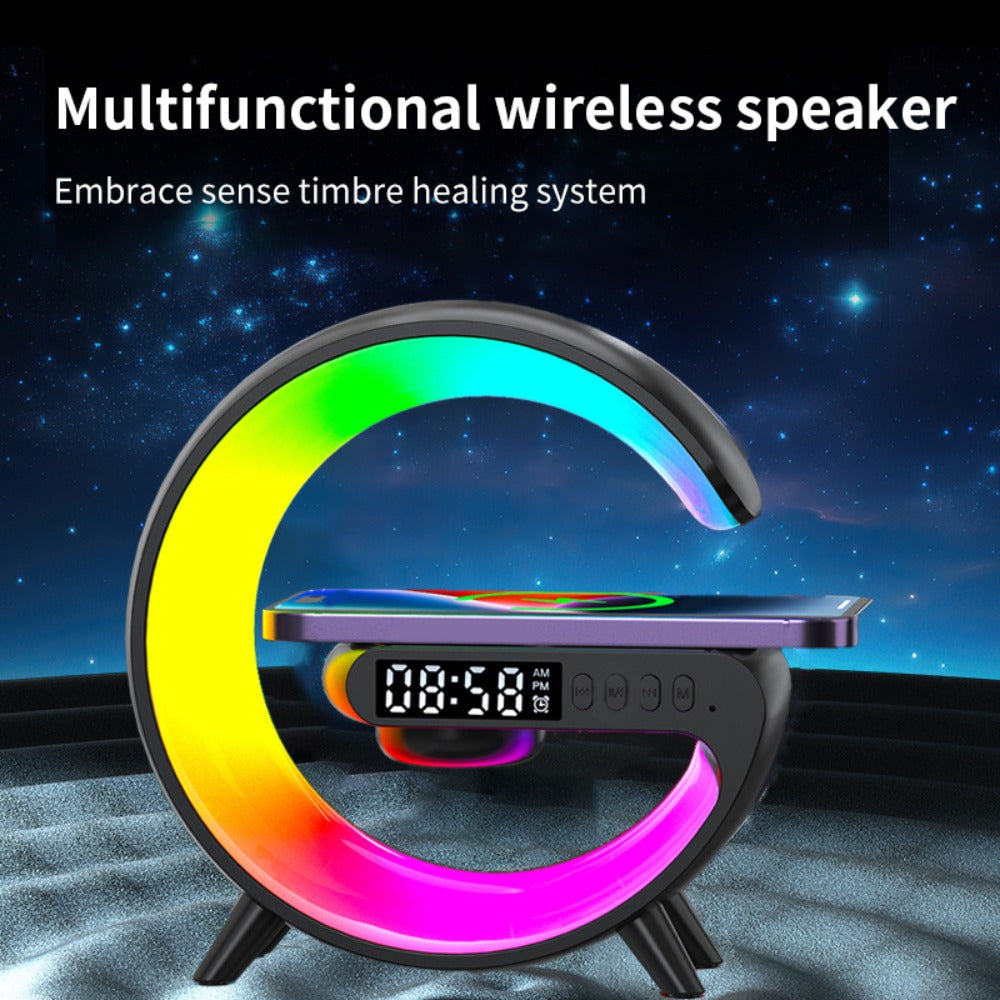 G-Shaped RGB Wireless Charging Lamp with Alarm Clock, Bluetooth Speaker and Black or White Finish