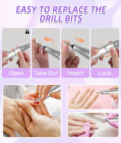 45000RPM Electric Nail Drill Machine Rechargeable Cordless with LCD Display Professional Nail File Drill for Acrylic Gel Nails Cuticle Removal Manicure Pedicure Polisher Home Salon Women Pink White