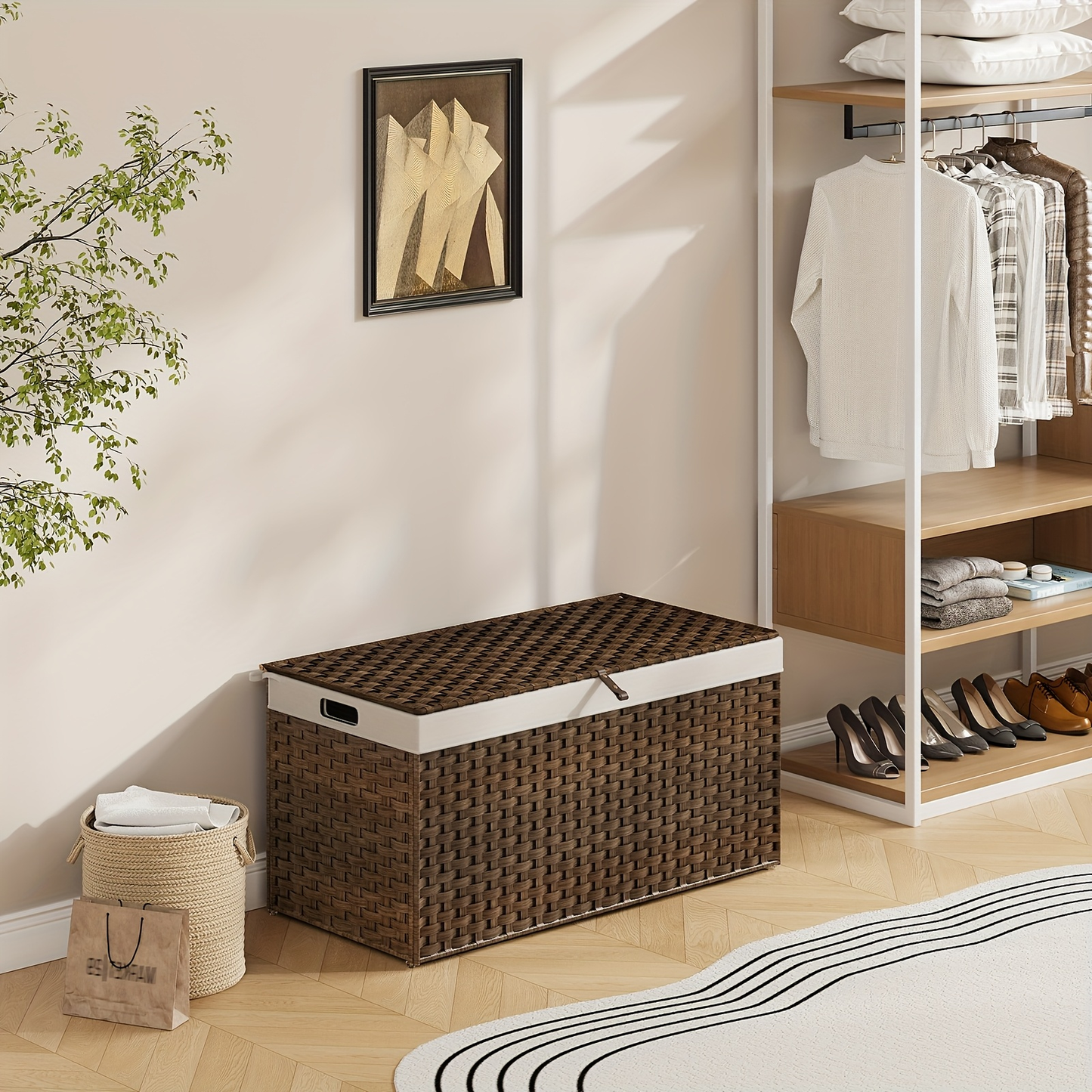 Large Storage Basket with Lid & Handles - 220L Handwoven Wicker Blanket Basket, Metal Frame, Soft Lining, Foldable for Bedroom, Laundry Room & Living Room