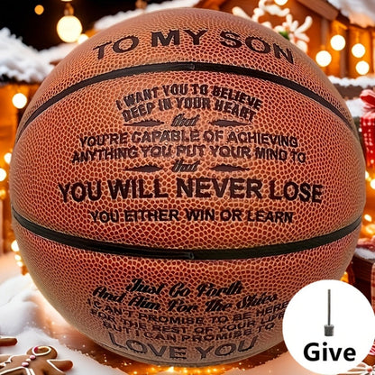 Message Basketball Gift for Son or Grandson with Eight Printed Design Options and Inflation Pump