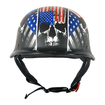 German Style Motorcycle Half Face Helmet – Novelty Skull & Carbon Fiber Design, UV Glossy Finish, Removable Washable Padding, Quick Release Buckle, Adult M/L/XL