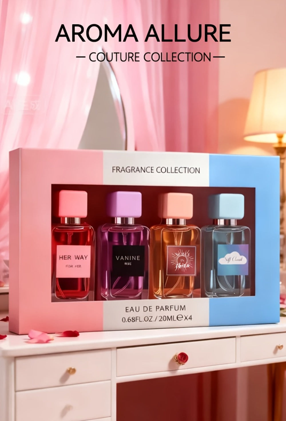 Perfume Gift Set for Women with Four 20ml Eau de Parfum Sprays, Floral Labels and Pink Display Box
