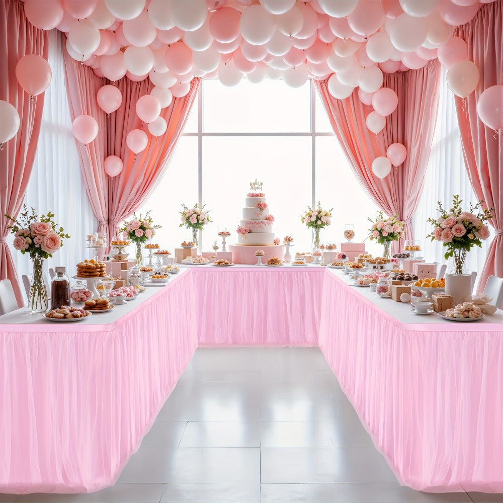 Pink Tutu Table Skirt 6ft – Ruffle Tulle Table Skirt for Rectangle & Round Tables, Princess Girls Birthday Party, Cake Dessert Table Decor, Gold Brim, Multiple Colors Available
