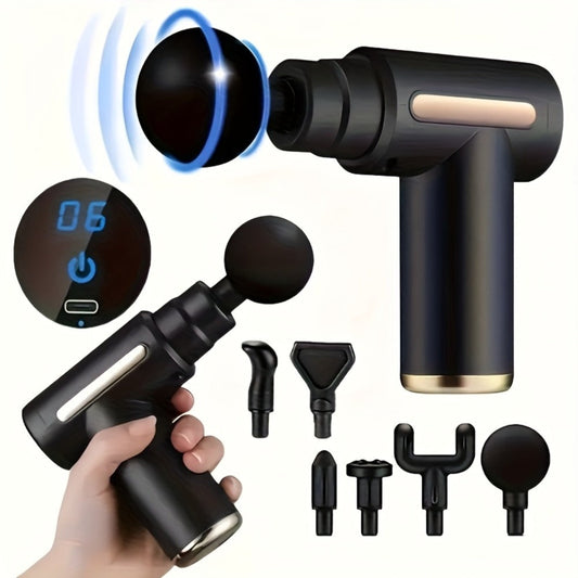 Portable Mini Fascia Gun – USB Rechargeable Muscle Massage Gun with 4 Interchangeable Heads & 6 Speed Modes, Silent Motor Deep Tissue Massager for Back, Neck & Full Body Sports Recovery