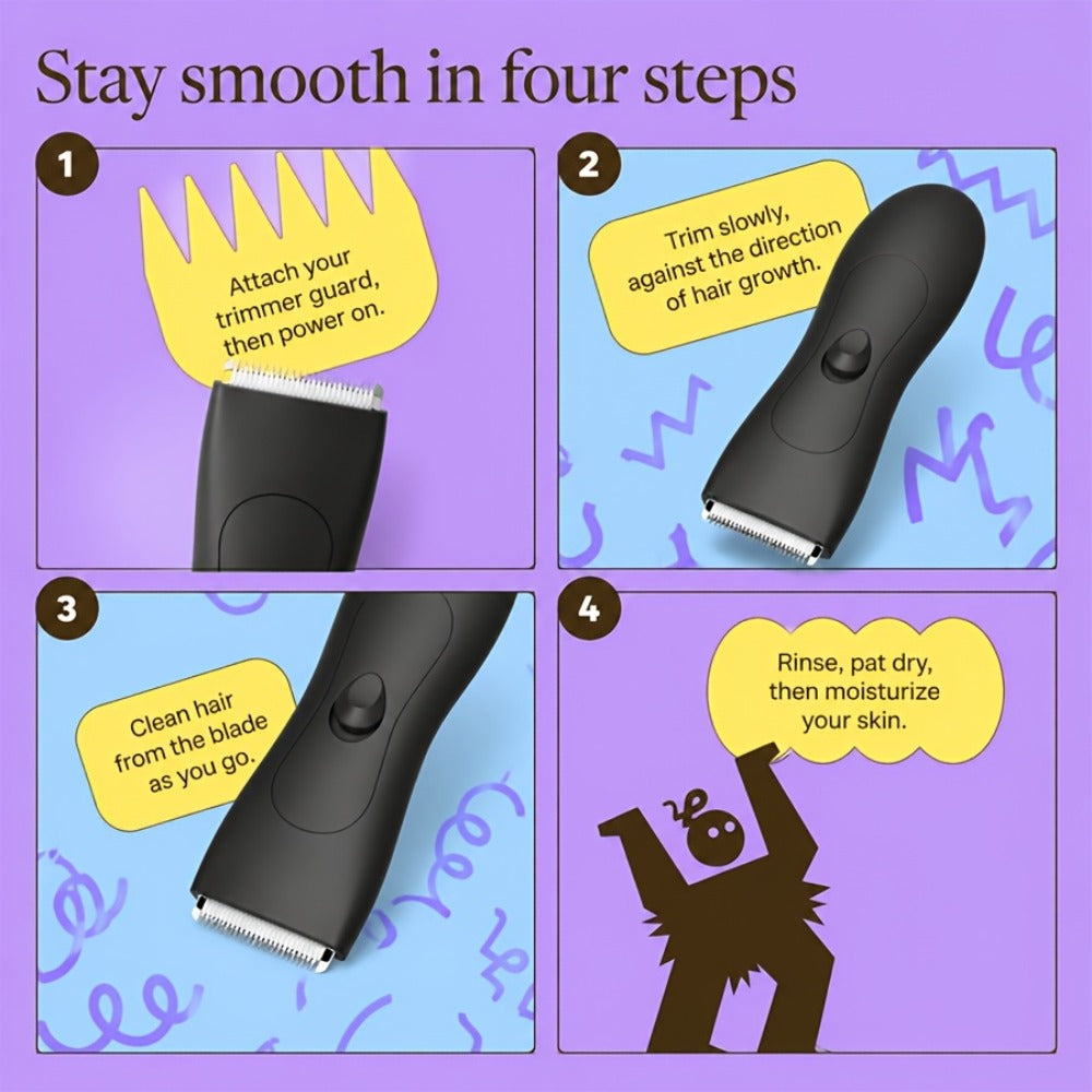 Ceramic-Blade Body Hair Trimmer with IPX6 Rating, Two Guide Combs and Black or Purple Options