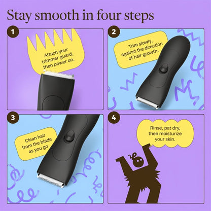Ceramic-Blade Body Hair Trimmer with IPX6 Rating, Two Guide Combs and Black or Purple Options