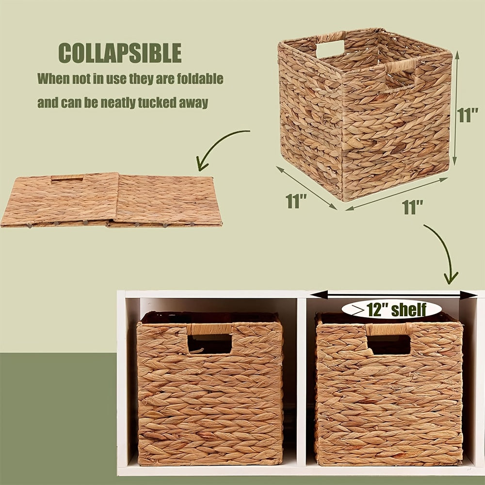 Foldable Water Hyacinth Cube Storage Baskets with Handles, 11 x 11-Inch, 1- to 4-Pack Options