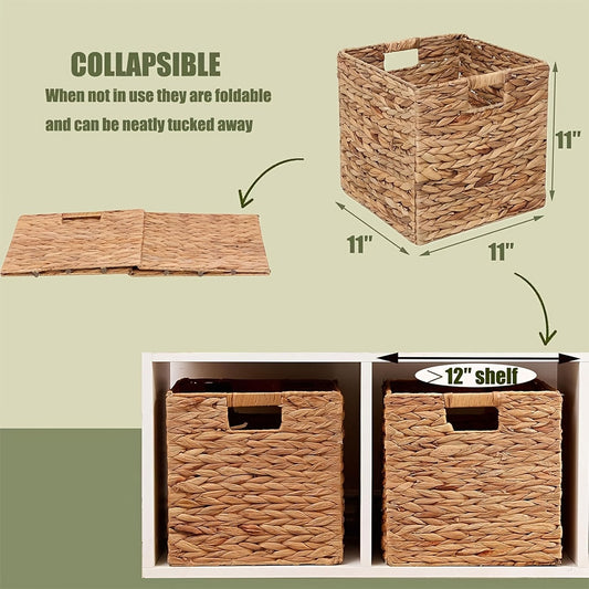 Cube Storage Baskets Foldable – Handwoven Water Hyacinth 11x11 Inch Laundry Organizer Basket with Handles for Cube Shelves, Closet, Bedroom & Living Room, Natural Woven Bin