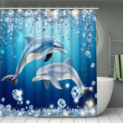 Four-Piece Dolphin Shower Curtain Set with Coordinated Bath Mat, Toilet Rug, Lid Cover and Twelve Hooks