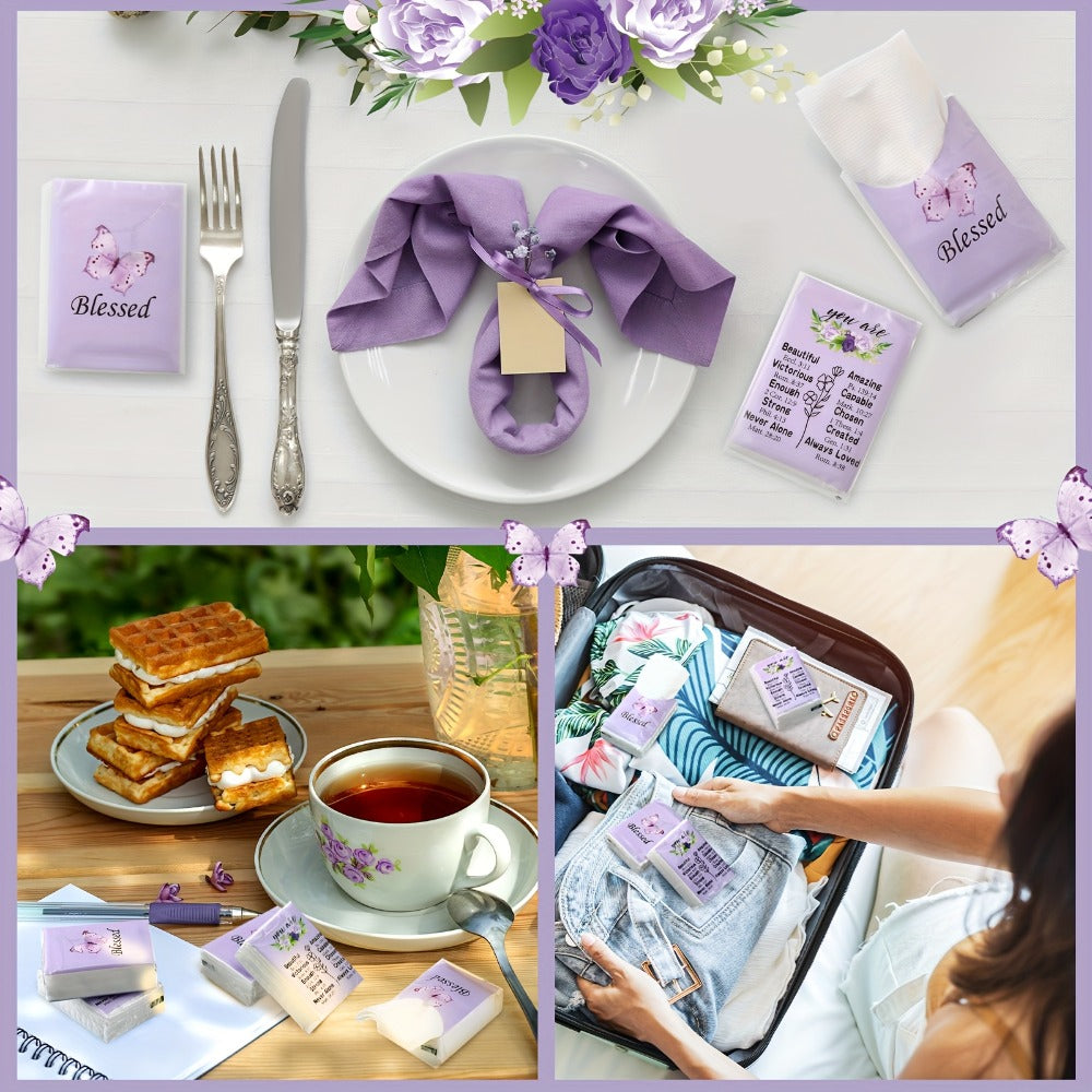 One-Hundred-Pack Purple Floral Pocket Tissue Set with Seven Three-Ply Sheets in Each Travel Pack