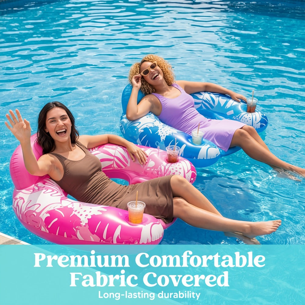 Leaf Print Inflatable Pool Chair Pair with Cup Holders, Blue and Pink 49 x 35 Inch Seats for Adult Lounging