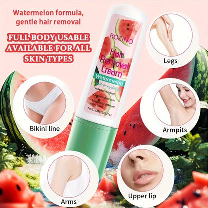 Watermelon Scent Depilatory Cream 100g with Squalane - Instant Hair Removal Semi-Permanent 3-Month Results Non-Irritating for Face Lips Armpits Legs Arms Bikini Area Women Sensitive Skin