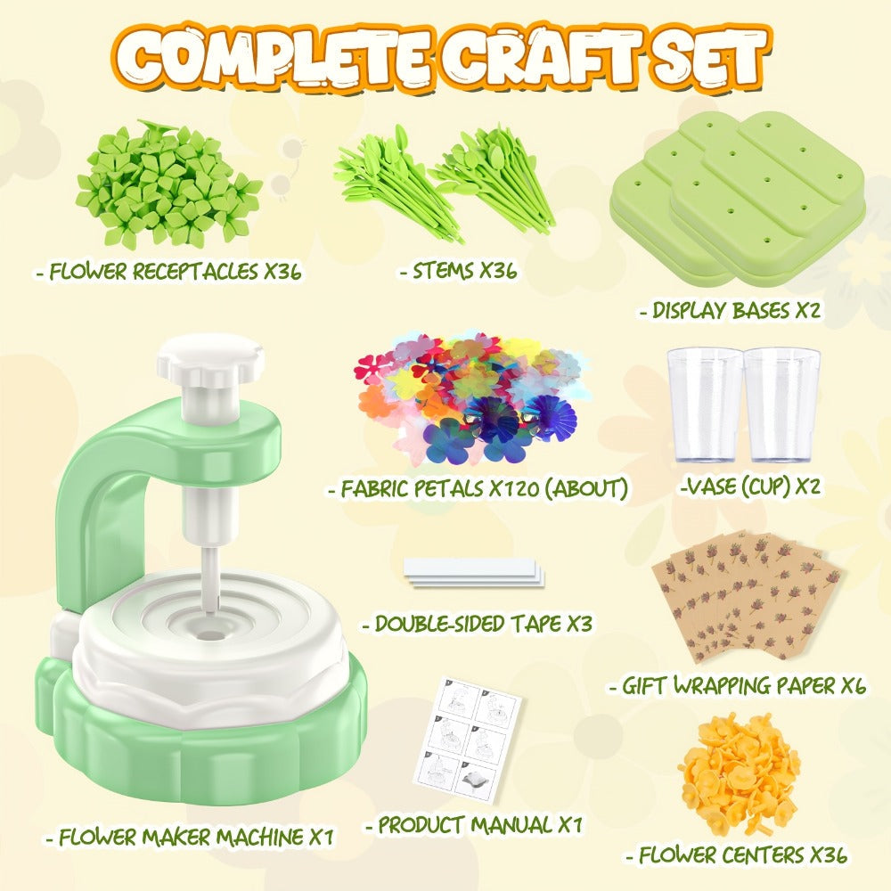 Flower Bouquet Maker Craft Kit with Hand-Operated Tool, Fabric Petals, Stems, Centers and Display Bases