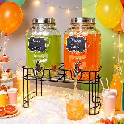Two 1-Gallon Glass Beverage Dispensers with Spigots and Raised Metal Stand for Parties and Events