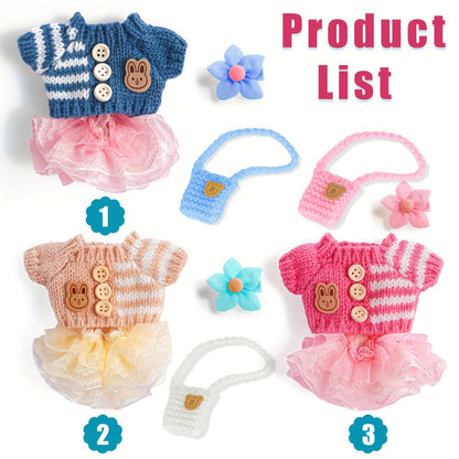 Three-Set Doll Clothes Collection for 17cm Plush Dolls with Knit Tops, Tulle Skirts, Hair Accents and Bags