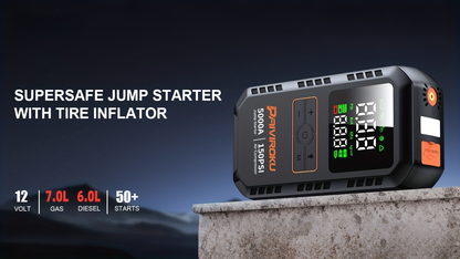5000A Car Jump Starter with 150 PSI Digital Tire Inflator, 12V Clamps and 44.4Wh, 59.2Wh or 74Wh Options