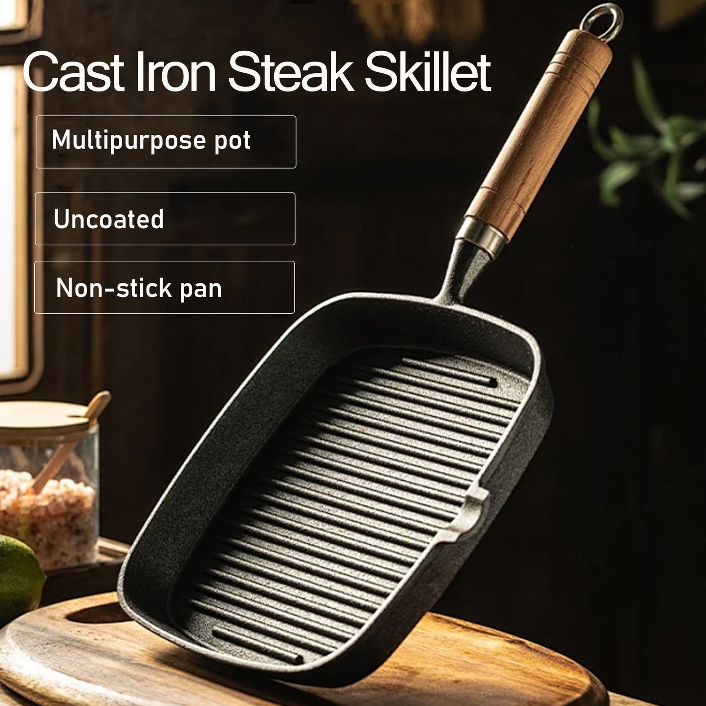 Cast Iron Grill Pan with Non-Stick Surface & Striped Design – Thick Wooden Handle Skillet for Steak, Meat, Pancakes & Eggs | Gas Stove, Home & Outdoor Camping Cookware