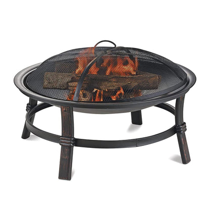 29.3-Inch Round Fire Pit Bowl with Domed Mesh Cover, Four-Leg Stand and Long Poker in Black