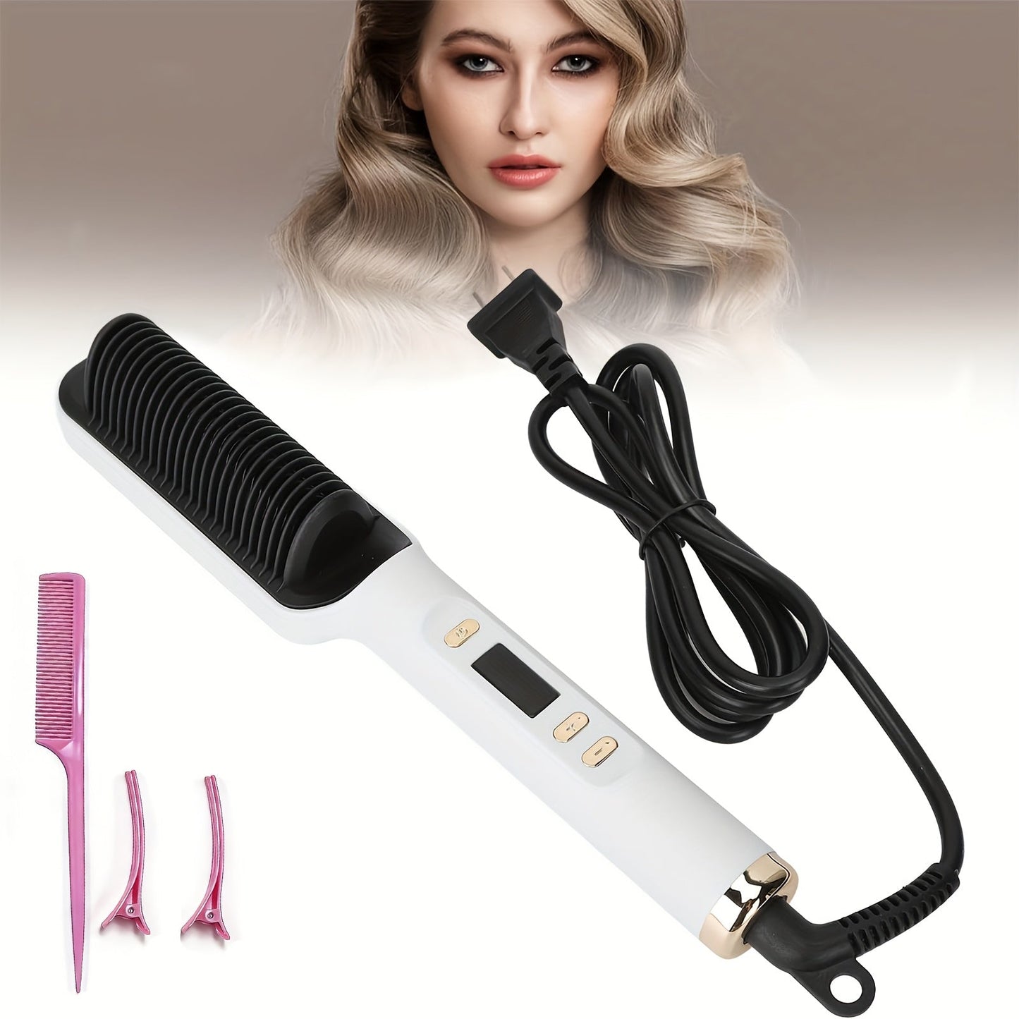 Four-Color Electric Hair Straightener Brush with Digital Display, Temperature Buttons and 10.6-Inch Body