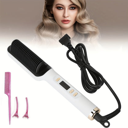 Four-Color Electric Hair Straightener Brush with Digital Display, Temperature Buttons and 10.6-Inch Body