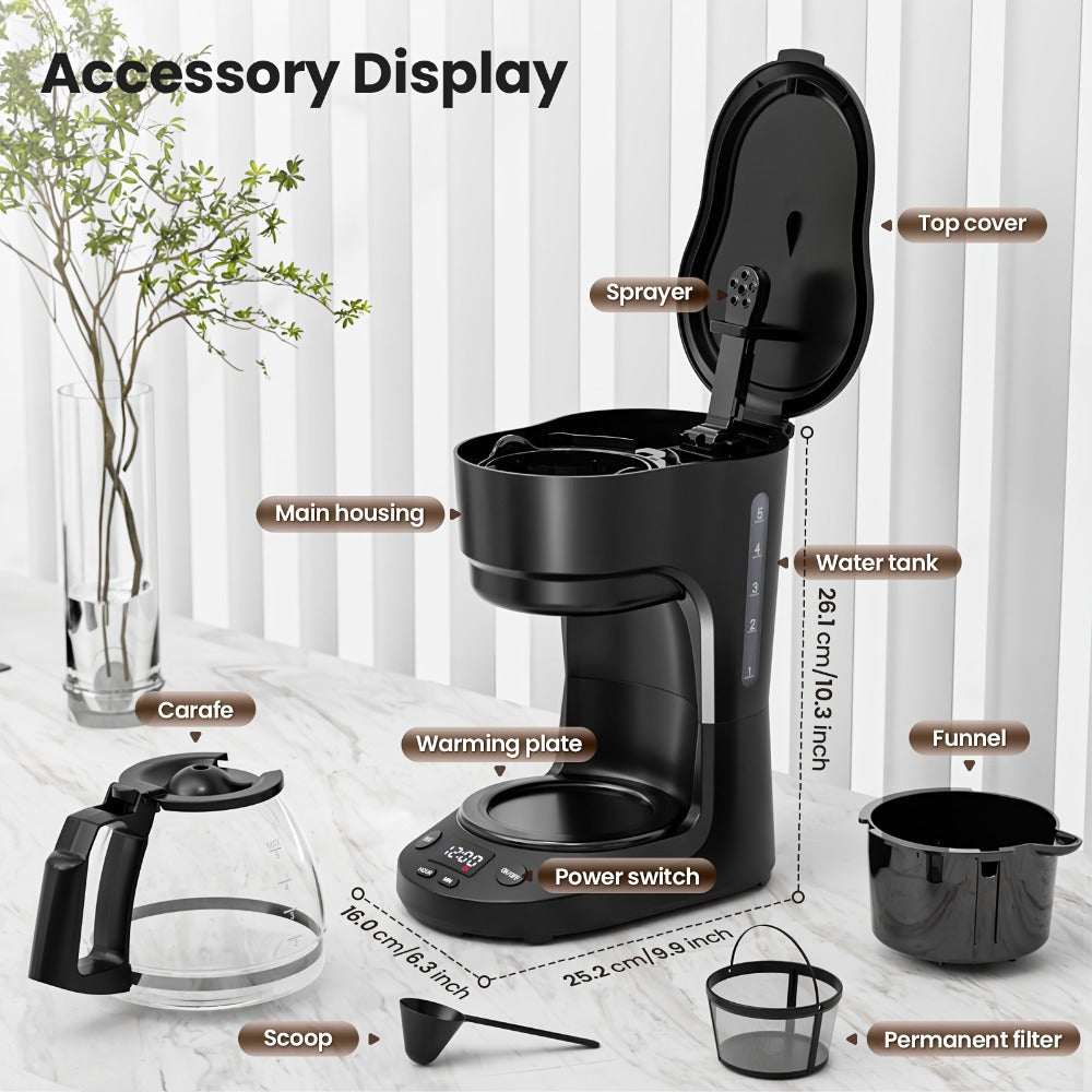 Five-Cup Programmable Drip Coffee Maker with 0.75 L Tank, LED Display and Two-Hour Keep-Warm Mode