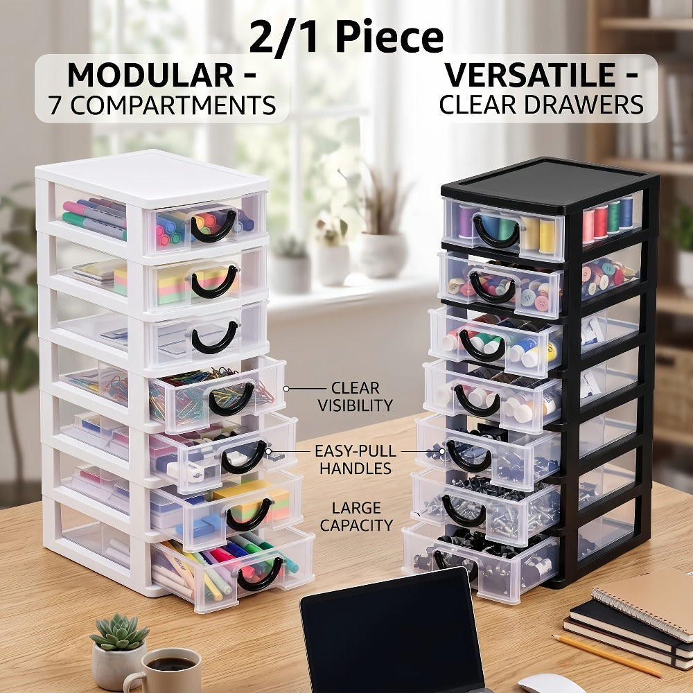 Seven-Drawer Desktop Organizer in Black or White, One- or Two-Piece Set with Clear Front Drawers