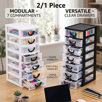 Seven-Drawer Desktop Organizer in Black or White, One- or Two-Piece Set with Clear Front Drawers