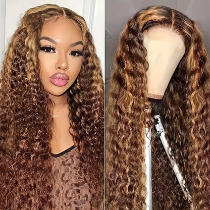 HD Lace Front Wig Honey Blonde Deep Wave 28 Inch – 200% Density P4/27 Ombre Highlight Long Curly Wavy, Pre Plucked Glueless Ready to Wear Synthetic Wig for Women, Party & Daily Use