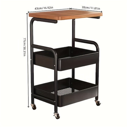 Three-Tier Rolling Storage Cart with Wooden Tabletop, Reinforced Black Frame and Locking Casters