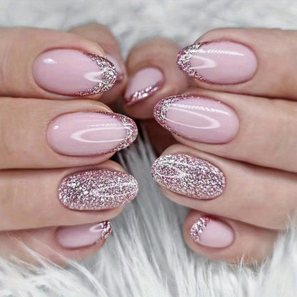 Glitter Sequin Press On Nails 120pcs Coffin Medium Length 5 Packs – Sparkling Pinkish Purple Glossy Full Cover False Nails | Glamorous Nail Art Kit for Women | Party Wedding Bridal Manicure Set