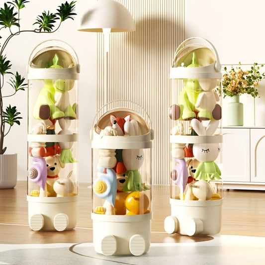 Toy Storage Organizer 4-Layer Transparent Cylindrical Bin in Cream, Pink or Green for Plush Display