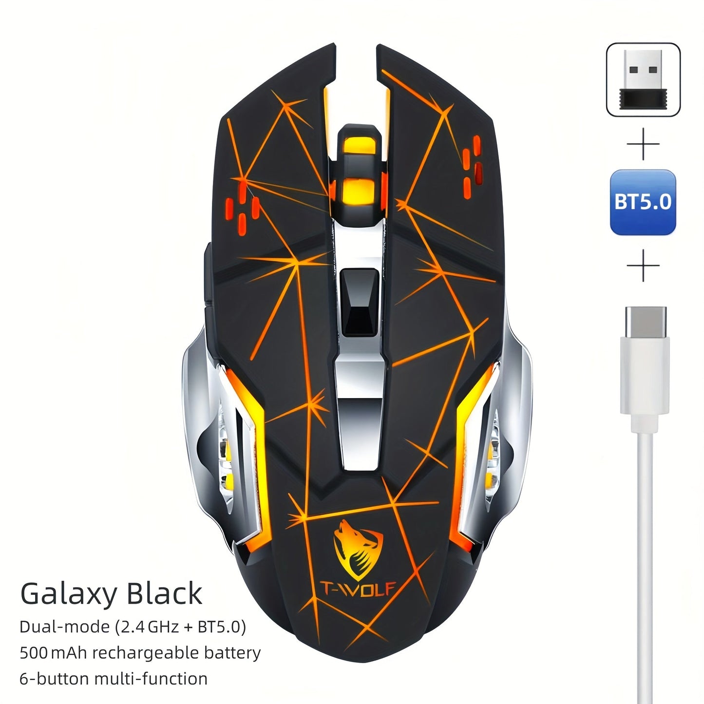 Wireless Gaming Mouse RGB Rechargeable T-WOLF 2.4GHz Ergonomic Large Mouse for PC Laptop Tablet Mac Chromebook Adjustable DPI Quiet Click Work Gaming Study Back to School Gift