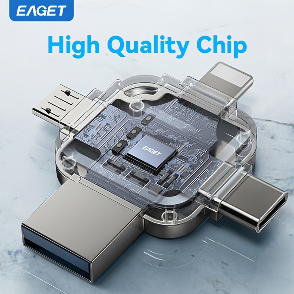 EAGET I50 iPhone Flash Drive USB 3.0 High Speed 4-in-1 Lightning Type-C Micro USB OTG Memory Stick 32GB 64GB 128GB 256GB for iPhone iPad Android Mac PC Photo Backup Storage