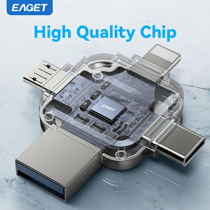 EAGET I50 iPhone Flash Drive USB 3.0 High Speed 4-in-1 Lightning Type-C Micro USB OTG Memory Stick 32GB 64GB 128GB 256GB for iPhone iPad Android Mac PC Photo Backup Storage