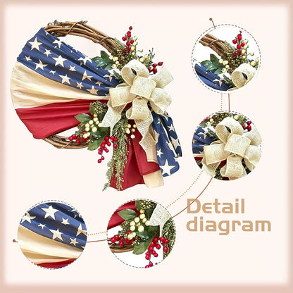 Red, White and Blue Patriotic Door Wreath with Flag Ribbon, Berries and Bow for Seasonal Home Display