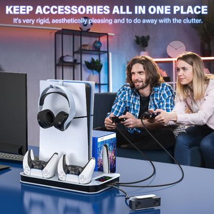 Black Console Cooling Stand Compatible with PS5, Slim and Pro Models, Three Fan Speeds and Dual Controller Dock