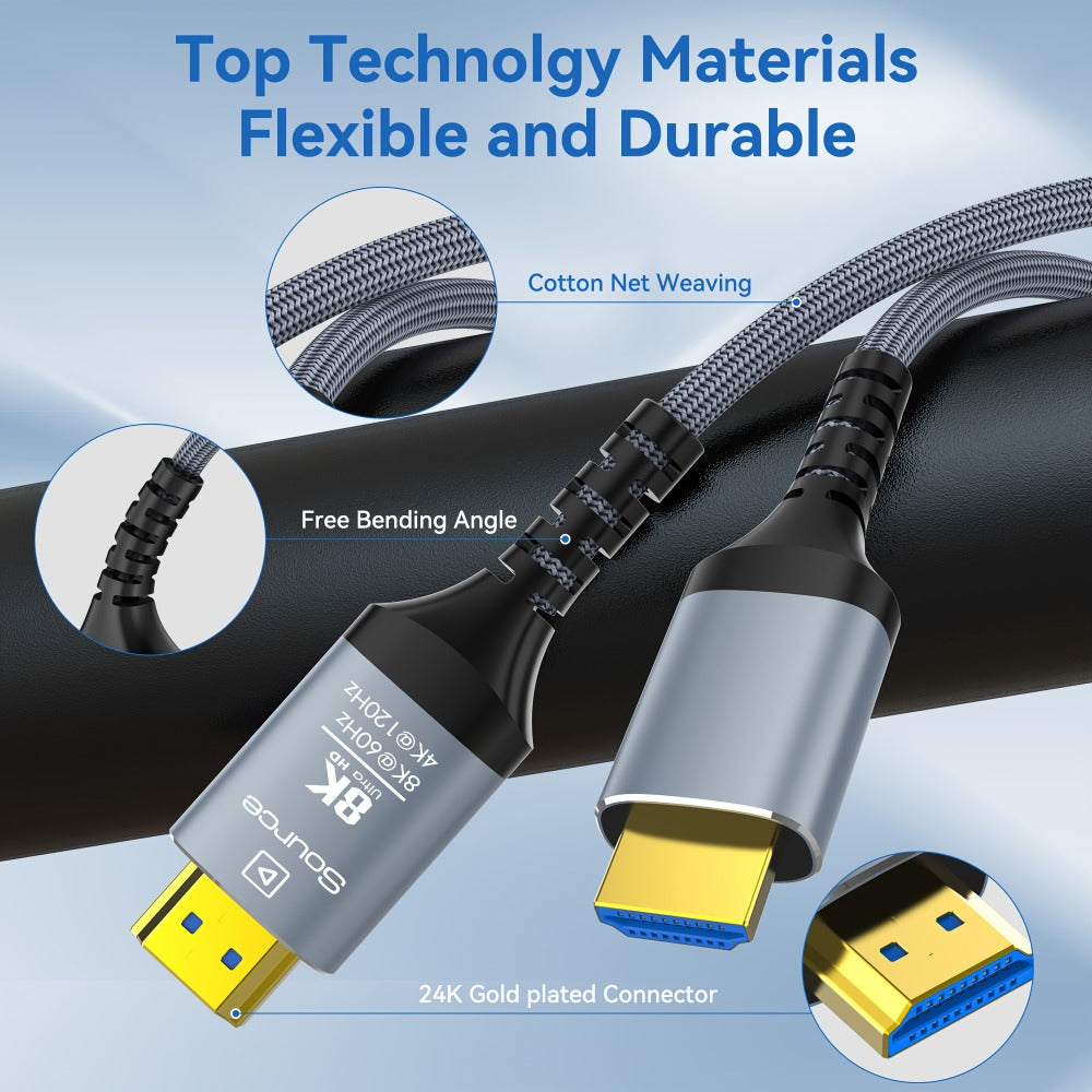 Long Fiber Optic HDMI Cable 32FT 50FT 65FT 100FT, HDMI 2.1 48Gbps 8K60Hz 4K120Hz HDR eARC HDCP 2.2 Slim Braided Cord