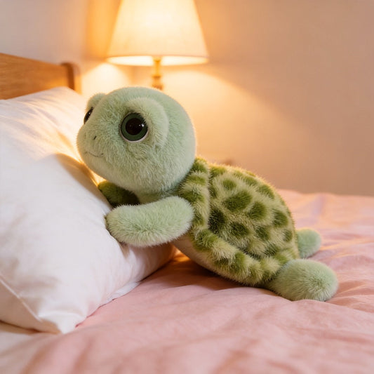 Stuffed Animal Big-Eye Turtle Pillow in 15.75-Inch Size with Melancholy Face and Soft Plush Fabric