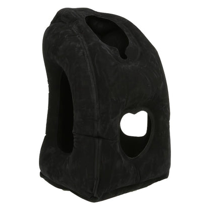 Inflatable Upright Travel Pillow with Face and Side Openings, Carry Bag and Blue, Black or Gray Color Options