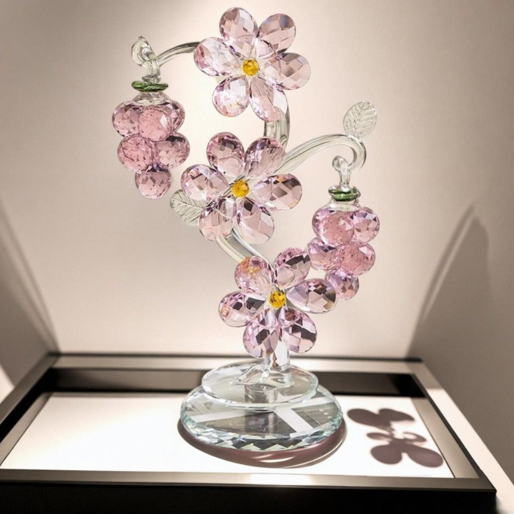 Pink Crystal Tree Statue Ornament - Romantic Crystal Flower Sculpture with Rotatable Base, Elegant Home Decor Gift for Valentine's Day