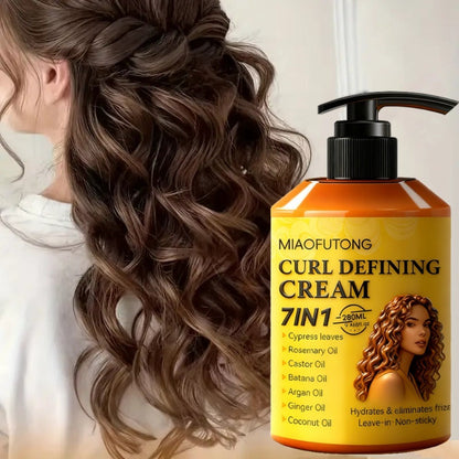 7-in-1 Botanical Curl Cream 280ml – Deep Moisture Curl Defining Cream with Argan, Rosemary, Castor & Coconut Oil, Anti-Frizz Long-Lasting Volume for Wavy Curly Coily Hair