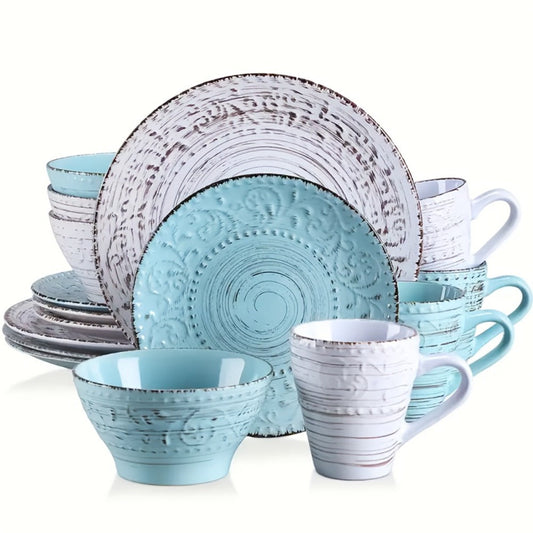 16-Piece Ceramic Dinnerware Set Service for 4 – Stoneware Plates Bowls Mugs Chip Scratch Resistant Dishwasher Microwave Safe Holiday Gift