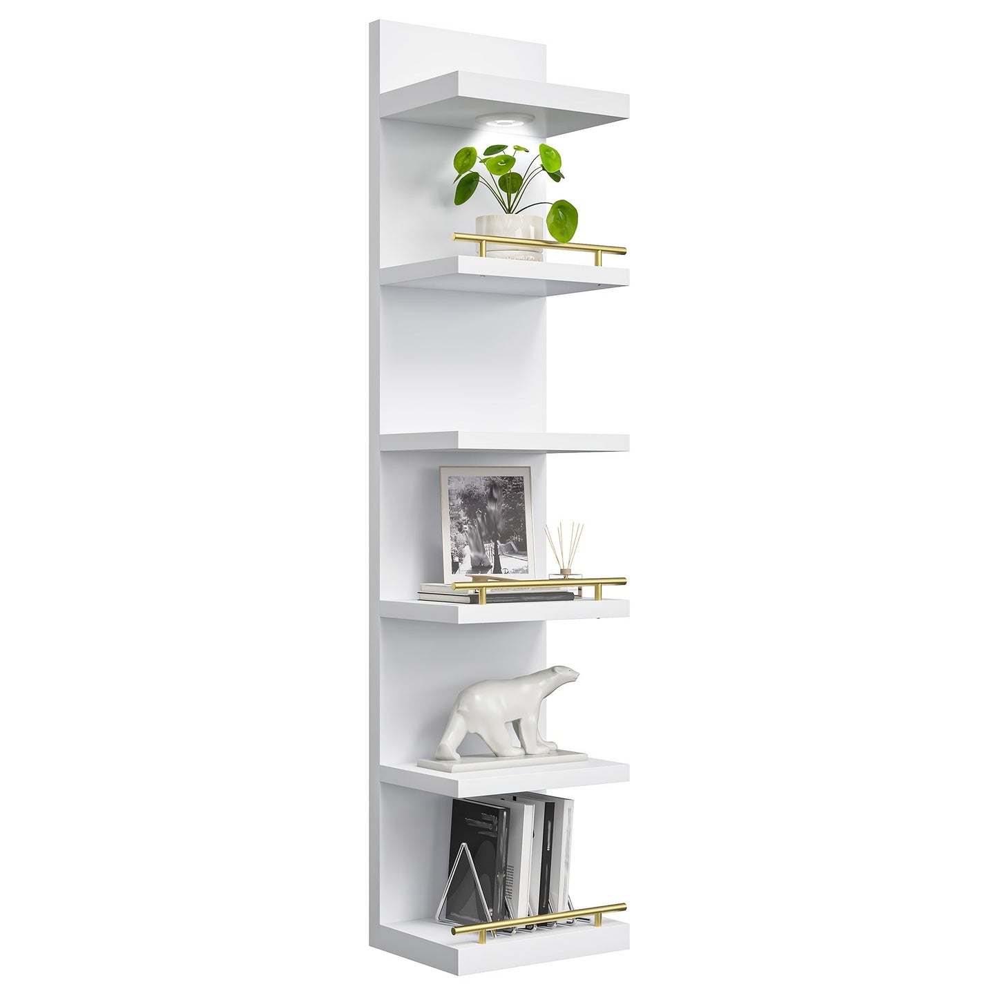 Floating Wall Shelves with LED Light - 6 & 8 Tier Wall Mounted Display Shelf Unit with Anti-Slip Rails for Bedroom, Living Room, Bathroom, Office & Dorm - Modern Space Saving Shelf (Black / White)