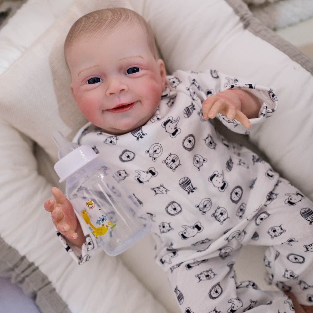 Reborn Doll, 19-Inch Cloth-Body Smiling Figure with Vinyl Head and Limbs, Printed Outfit and Bottle