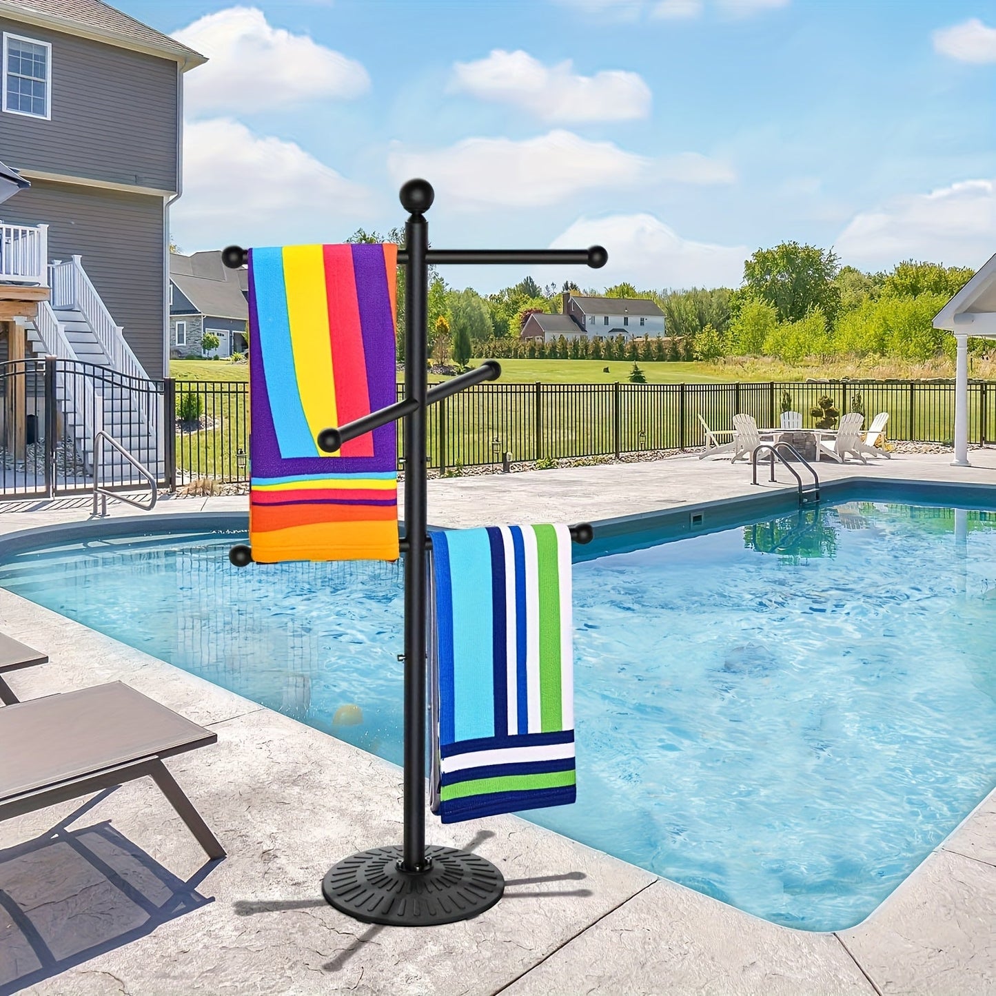 Freestanding Three-Bar Outdoor Pool Towel Rack with Hooks and Wide Base in Black Metal Finish