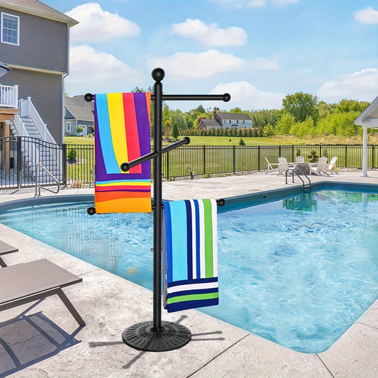 Pool Towel Rack Freestanding Outdoor – 3-Bar Iron Towel Stand with Hooks, Windproof Wide Base, No Sand Needed, Rust-Resistant for Poolside Hot Tub Spa Beach Bathroom Patio