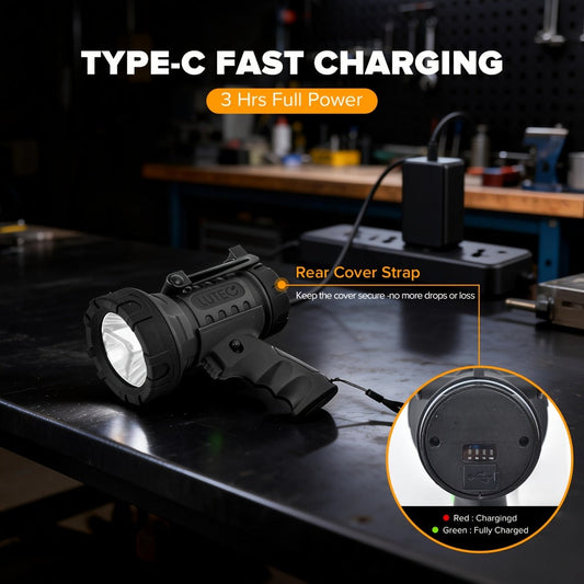 Rechargeable Spotlight Flashlight 1500LM Extremely Bright Handheld Searchlight – 4 Modes, Foldable Stand, Red Light Filter, USB Rechargeable Portable Spotlight for Camping Hunting Emergency Outdoor Use