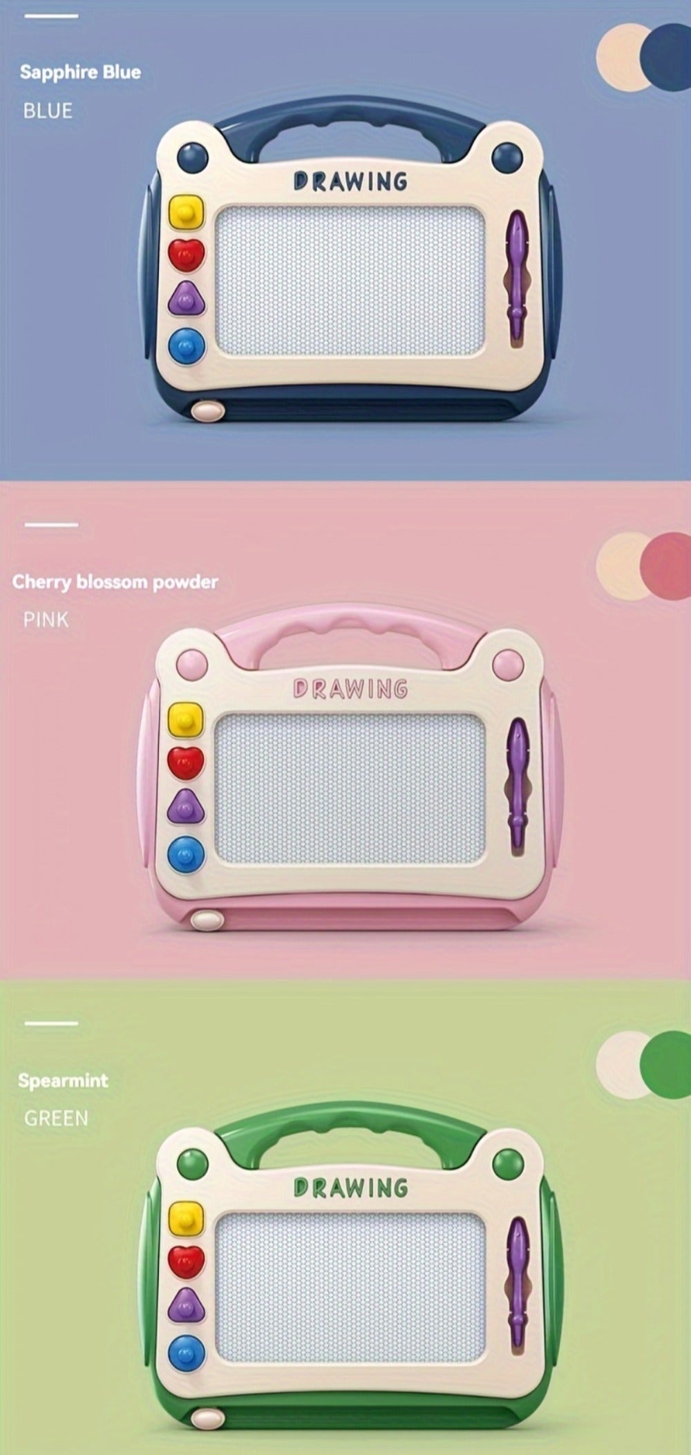 Kids Magnetic Drawing Board with Four Shape Stamps, Slide Eraser, Folding Legs and Blue, Green or Pink Options