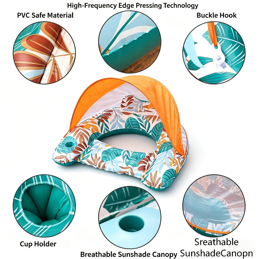 Tropical Leaf Inflatable Pool Lounger with Canopy, Cup Holder, Two Donut Drink Rings and Green or Blue Options